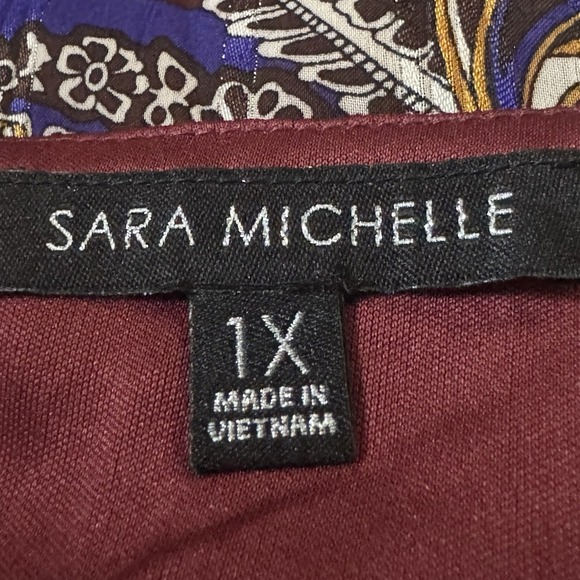 Sara Michelle 1X Shirt Top Maroon Red Paisley 3/4 Sleeve Scoop Neck Button Back - Picture 6 of 9